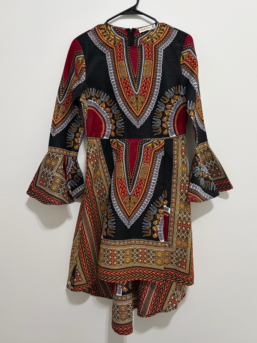 African Print Bell-Sleeve High Low Dress w/ Pockets